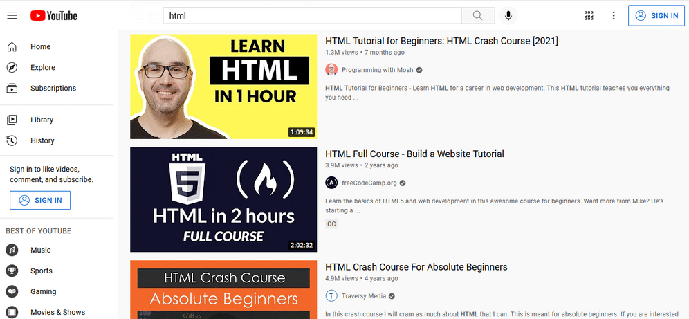 html language courses on YouTube