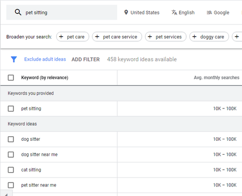 pet sitting keyword search in keywords planner