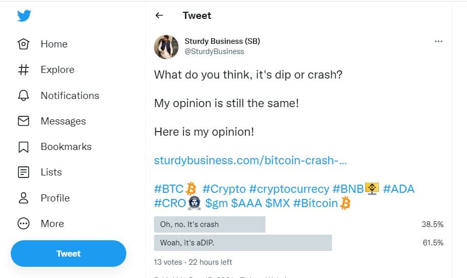 bitcoin crash or dip experiment on twitter