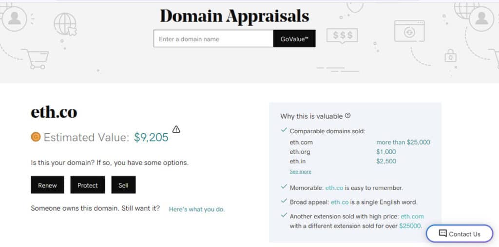 eth.co price in godaddy appraisal tool
