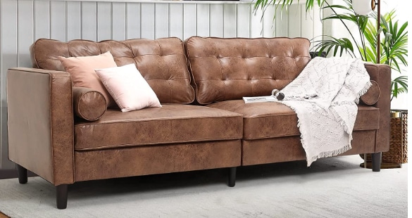 YODOLLA Mid-Century Modern Tufted Leather Couch with 2 Bolster Pillows