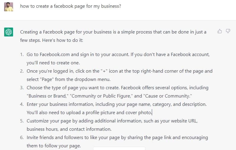 chatgpt answer about creating facbook business page