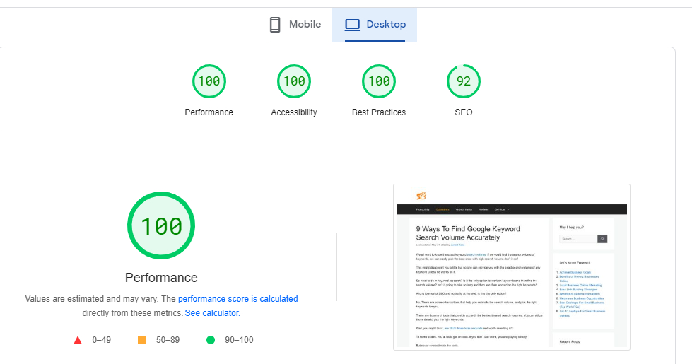 cvw score 100 desktop - improve WordPress site speed