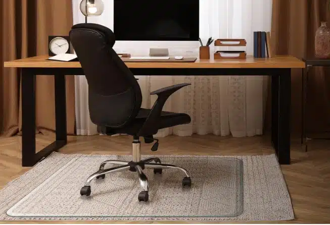 Exclusive Patented Beveled Edge Glass Chair Mat for a Smooth Glide and Easy Roll On Off by Clearly Innovative