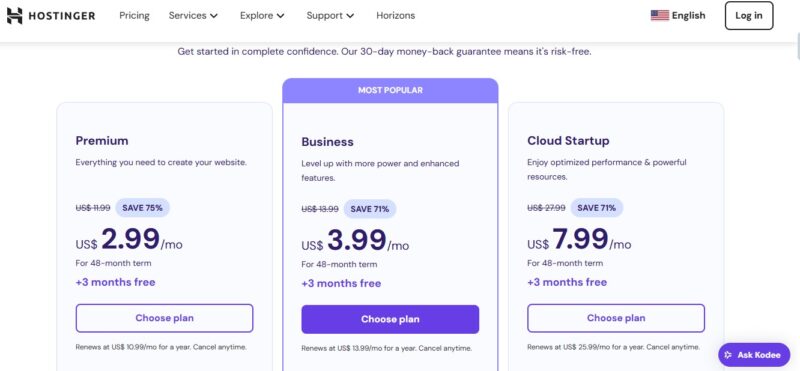 hostinger hosting plans